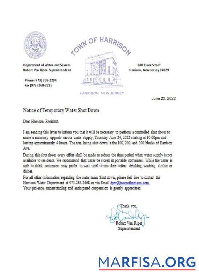 Realistic USA New Jersey Town of Harrison water shut off notice example